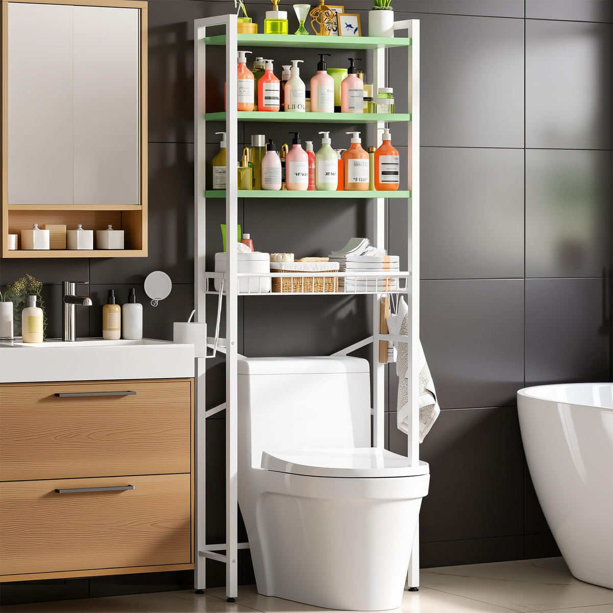 Kalrin Over-The-Toilet Storage Rack, 4-Tier Bathroom Organizer Shelf Over Toilet with Adjustable Shelf and Basket, Freestanding Space Saver Bathroom Shelves Above Toilet for Room (Avocado Green)