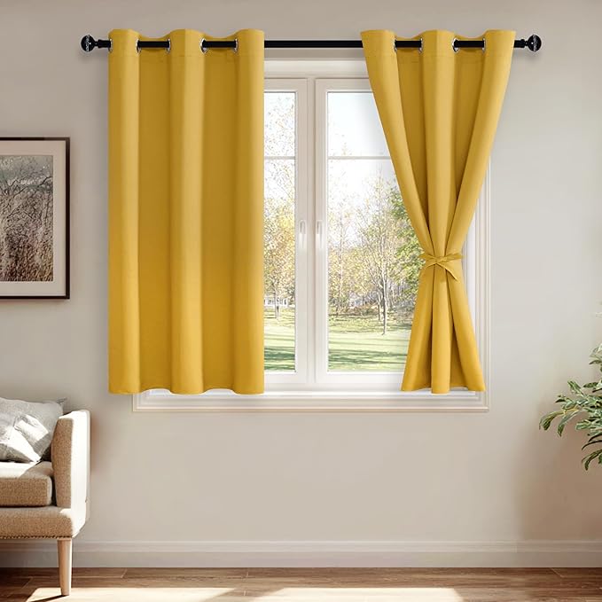 JIUZHEN Blackout Curtains with Tiebacks - Thermal Insulated, Light Blocking and Noise Reducing Grommet Curtain Drapes for Bedroom and Living Room, Set of 2 Panels, Yellow, 38 x 45 Inch Length