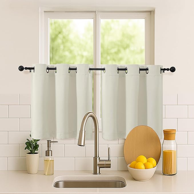 Simplebrand Natural Short Kitchen Curtains 24 Inch Length 2 Panels Set, Small Windows Room Darkening Curtain for Bathroom, Cabinet, Basement, RV Camper, Thermal Insulated Short Drapes, 40 x 24 Inch