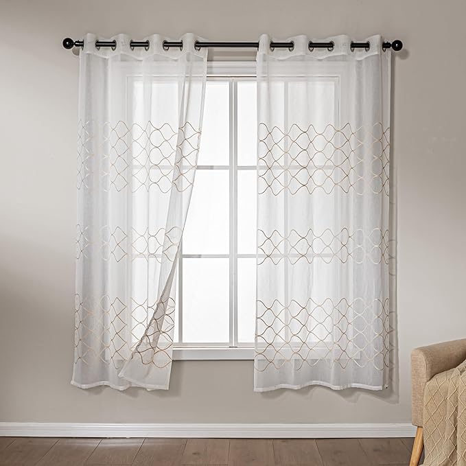 Amazon Basics 2-Piece Embroidery Sheer Curtain Set, Light Filtering Hollow Drapes for Living Room and Bedroom, 52" W × 72" L, White Scale