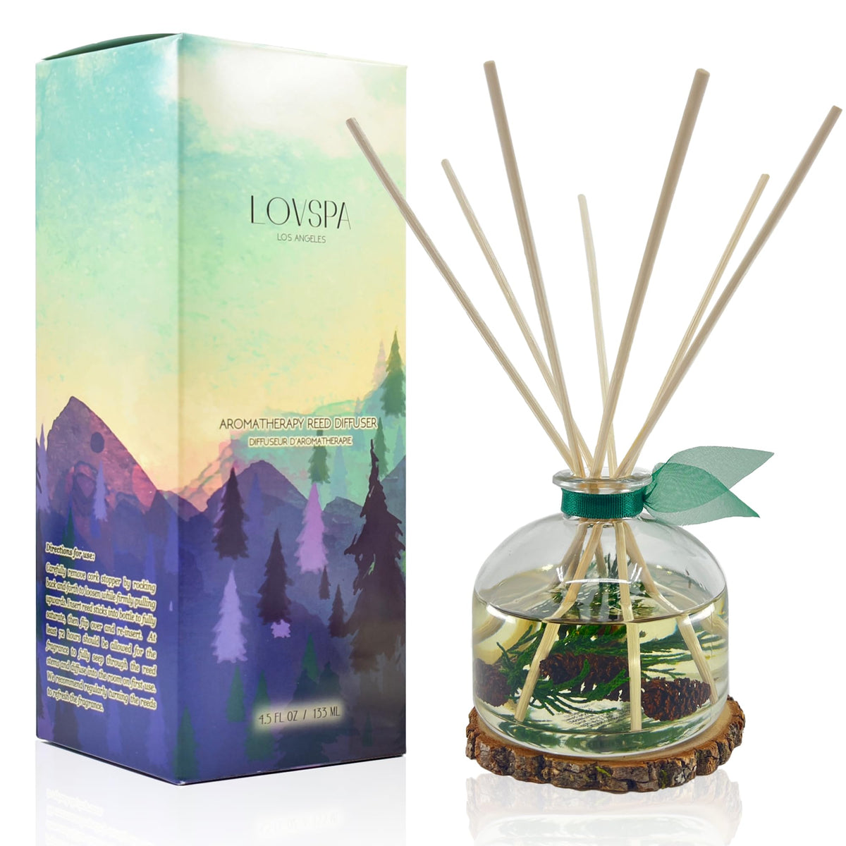 LOVSPA Reed Diffuser Set, Winter Forest Pine Scented Oil Diffuser with Sticks and Wooden Coaster, Bathroom Shelf Decor Made with Real Botanicals, USA Made
