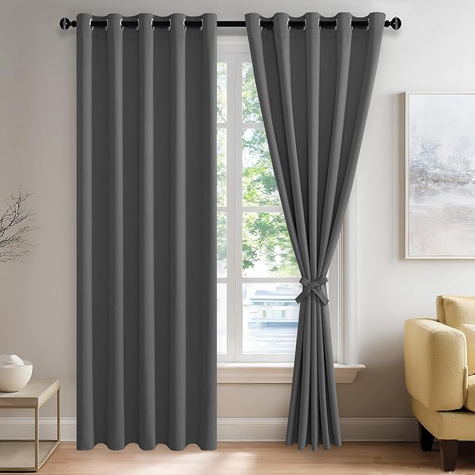 JIUZHEN Dark Grey Blackout Curtains with Tiebacks Thermal Insulated, Light Blocking and Noise Reducing Grommet Curtains for Bedroom and Living Room, Set of 2 Window Curtain Panels, 60 x 84 Inch Length