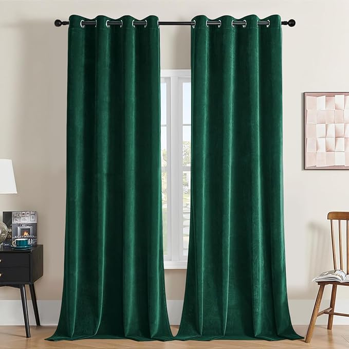 Joydeco Dark Green Velvet Curtains 108 Inches Long, Luxury Grommet Blackout Curtain 2 Panels, Thermal Insulated Privacy Room Darkening Window Drapes for Bedroom Living Room Home Theatre (52Wx108L)