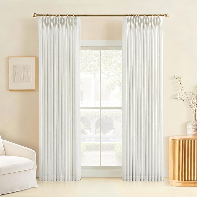 Pinch Pleated Linen Curtains for Living Room, Light Filtering Curtains 108 Inches Long, Farmhouse Window Curtains for Bedroom, Modern Drapes with Hooks and Rings, White, 2 Panels Set