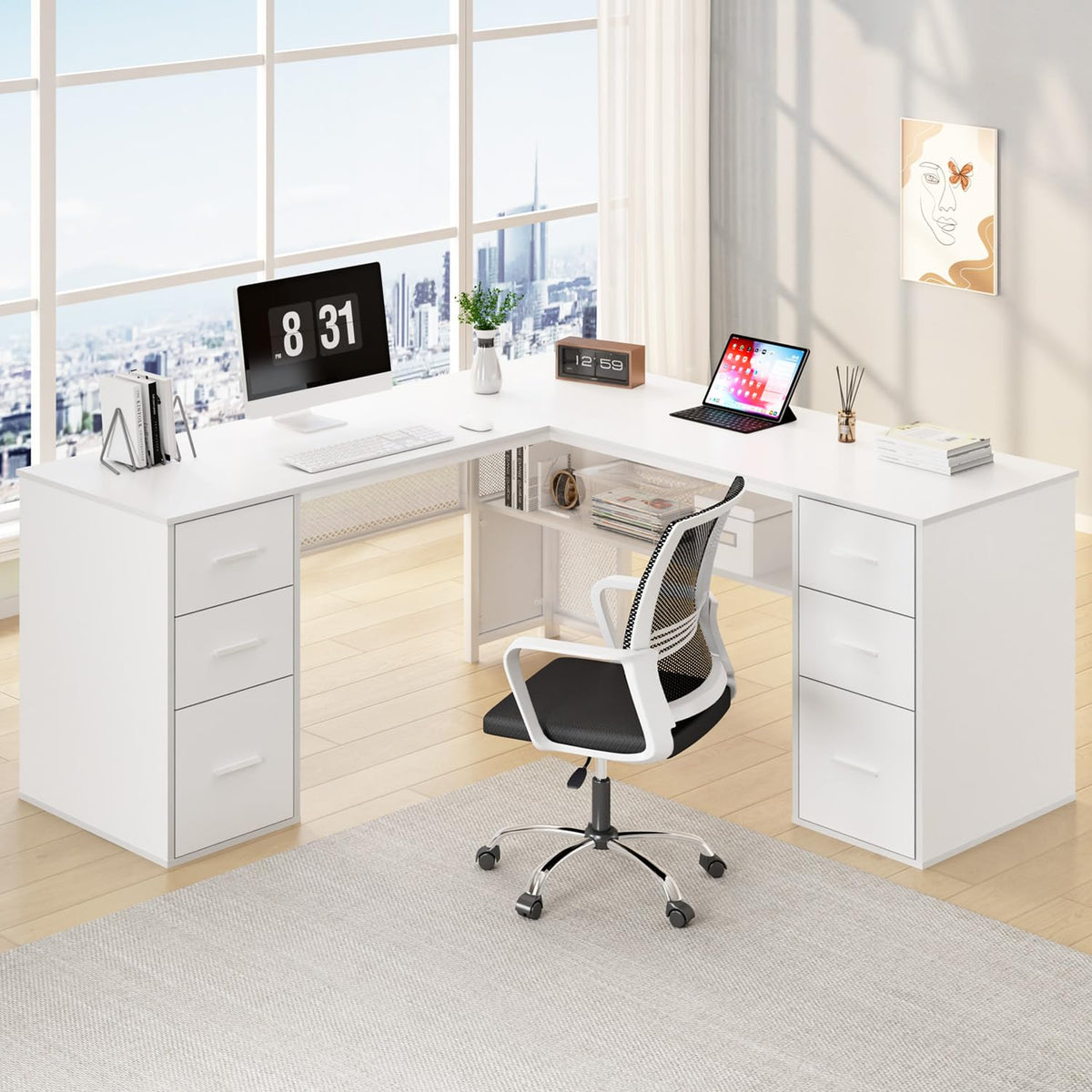 HSH L Shaped Desk with Drawers, White Corner Desk with Storage, 59 Inch