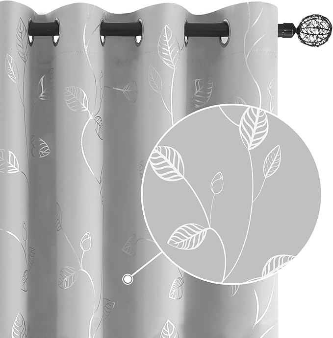 BUHUA Wave Silver Leaf Print Blackout Curtains for Living Room Darkening Curtains Light Blocking Curtains for Bedroom 52W×84L Silver Grey 2 Panels
