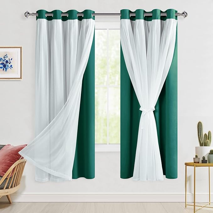 Hiasan Blackout Curtains with Sheer Overlay, Thermal Insulated Privacy Mix & Match Double Layer Window Curtains for Christmas,Girls Bedroom, 2 Drape Panels with Tiebacks, Hunter Green, 52W X 63L