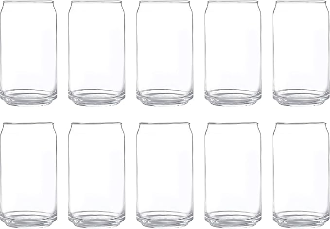 DISCOUNT PROMOS Beer Can Glasses Set of 10, 16 oz. Pint Sized, Soda Can Shape, Glassware, Clear