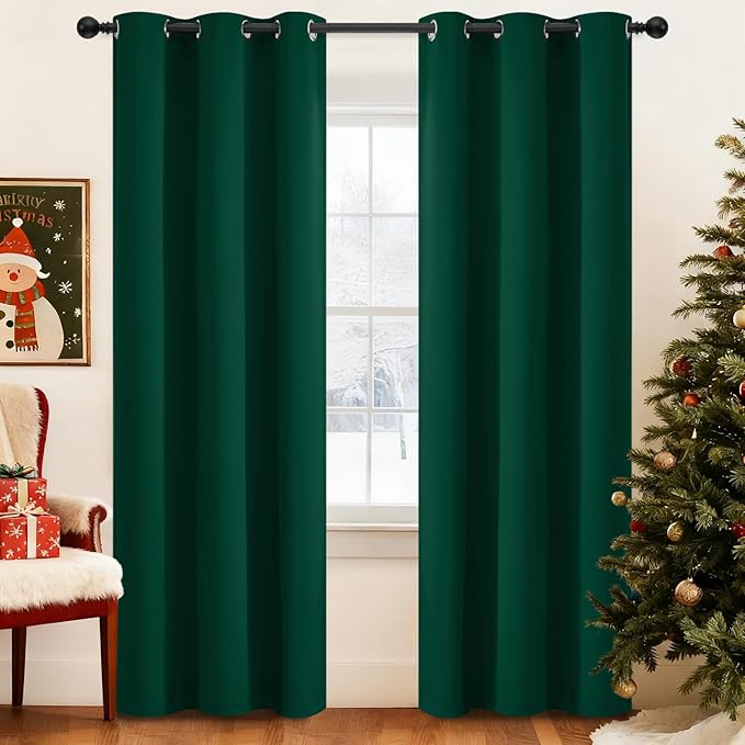 Yakamok Dark Green Blackout Curtains for Bedroom, Room Darkening Thermal Insulated Grommet Window Curtains, Light Blocking Blackout Drapes for Living Room, 38Wx84L inch,2 Panels