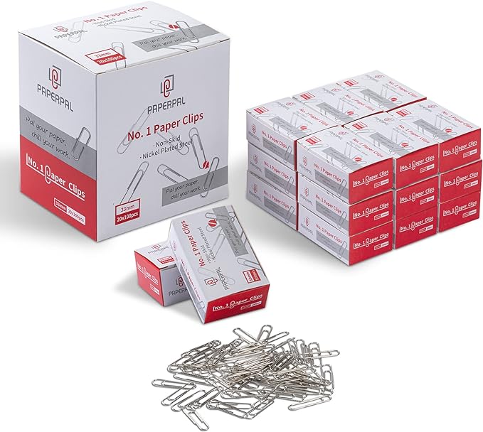 PAPERPAL Paperclips for Office School & Personal Use, #1 Nonskid Paper Clip (1-2/7"), 2000 Medium Paper Clips (20 Boxes of 100 Each), Silver