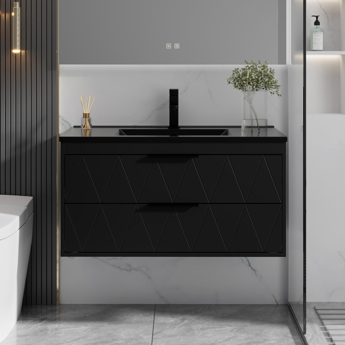 eclife 36" Floating Bathroom Vanity with Sink Combo, Modern Wall-Mounted Vanities Cabinet W/Decor Lines, Soft-Closing Drawers, Single Black Sink, Faucet & Drain, Black