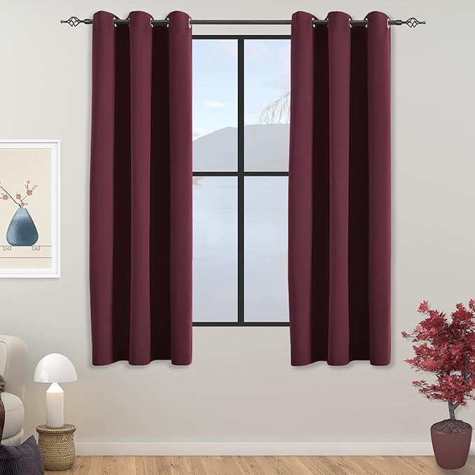 Blackout Curtains for Bedroom Thermal Insulated Light Blocking Room Darkening Curtains Solid Grommet Window Drapes for Living Room, Set of 2 Curtain Panels 42 W x 63 L inch Long Wine