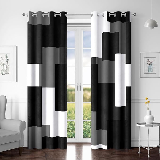 Black Grey 100% Blackout Curtains for Bedroom 63 inch Long 2 Panels Set White Gray Modern Abstract Geometric Black Out Curtains Insulated Room Darkening Window Drapes for Living Room, 52Wx63L