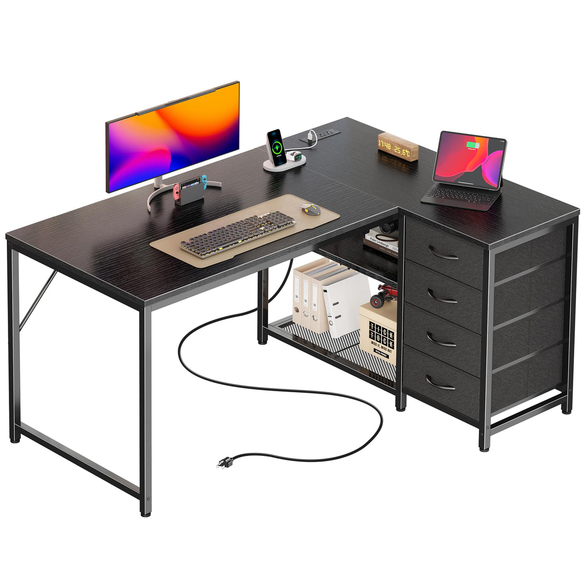 PRAISUN 43.3" Small L Shaped Desk with Power Outlets & 4 Drawers