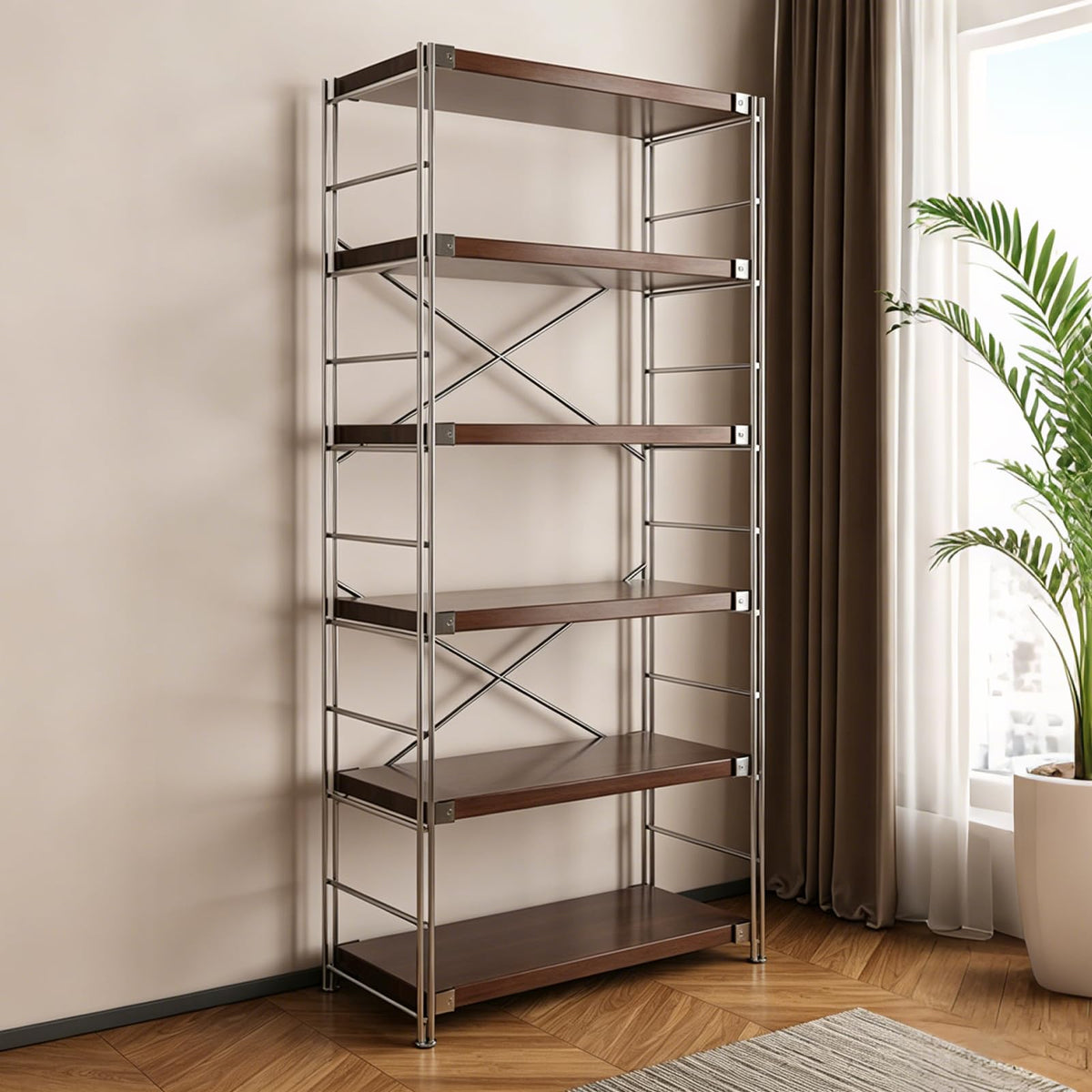 Industrial Bookshelf Adjustable,Rack With Storage Industrial Bookshelf，Modern Open Shelving Unit Book Shelves, Freestanding Wood & Metal Display Shelves, Living Room Storage Organizer, For Bedroom