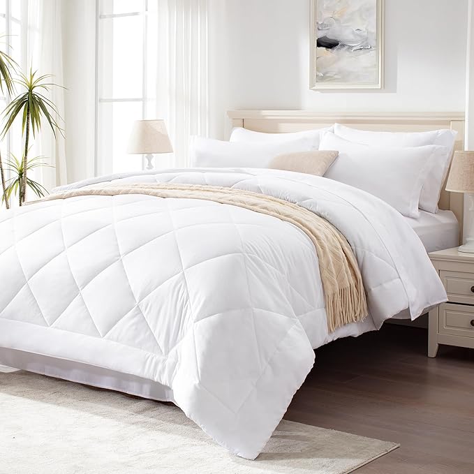 Love's cabin Twin Comforter Set White, 5 Pieces Twin Bed in a Bag, All Season Bedding Sets with 1 Comforter, 1 Flat Sheet, 1 Fitted Sheet, 1 Pillowcase and 1 Pillow Sham