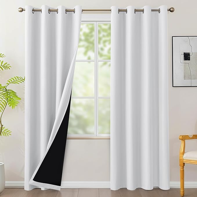 BONZER 100% Blackout Curtains 84 inches Long - 4 Panels Thermal Insulated Light Blocking Window Drapes, Total Privacy Grommet Pure White Curtain with Black Laminated Backing for Bedroom/Living Room