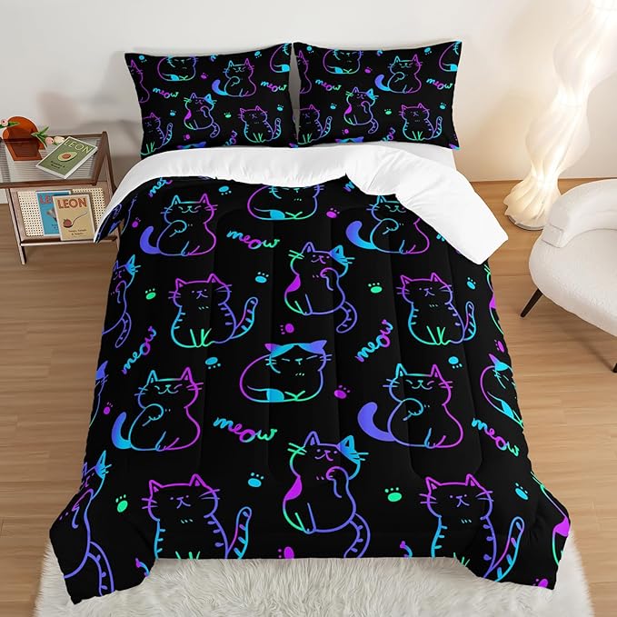 3D Neon Cat Kids Comforter Set,Gradient Line Cat Toddler Comforters Queen Size for Teens Kids Boys Girls Room Decoration,Black Kawaii Bedding Sets with 2 Pillowcases.