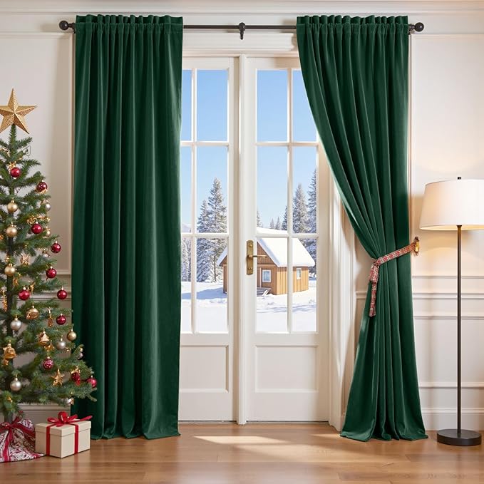 Lazzzy Velvet Blackout Curtains Thermal Insulated Room Window Drapes Super Soft Luxury Curtains for Living Room Bedroom Rod Pocket 2 Panels, Emerald Green, 52" W x 102" L
