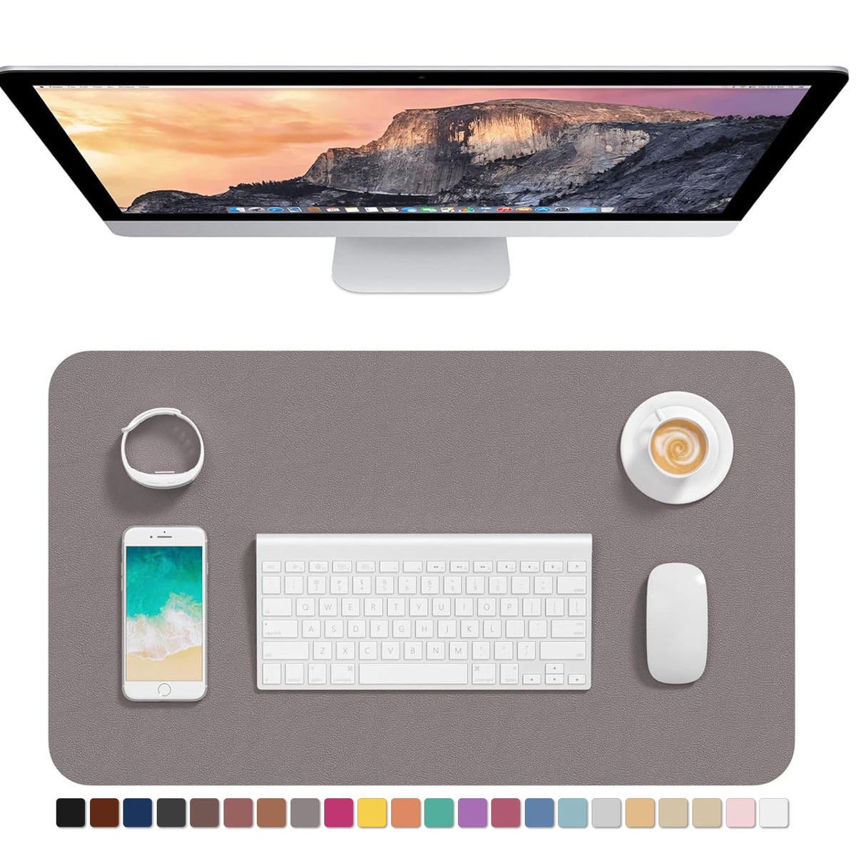 Hsurbtra Desk Pad, 23.6" x 13.8" PU Leather Desk Mat, M Extended Mouse Pad, Waterproof Desktop Blotter Protector, Non-Slip Ultra Thin Small Laptop Keyboard Writing Mat for Office Home, Light Gray