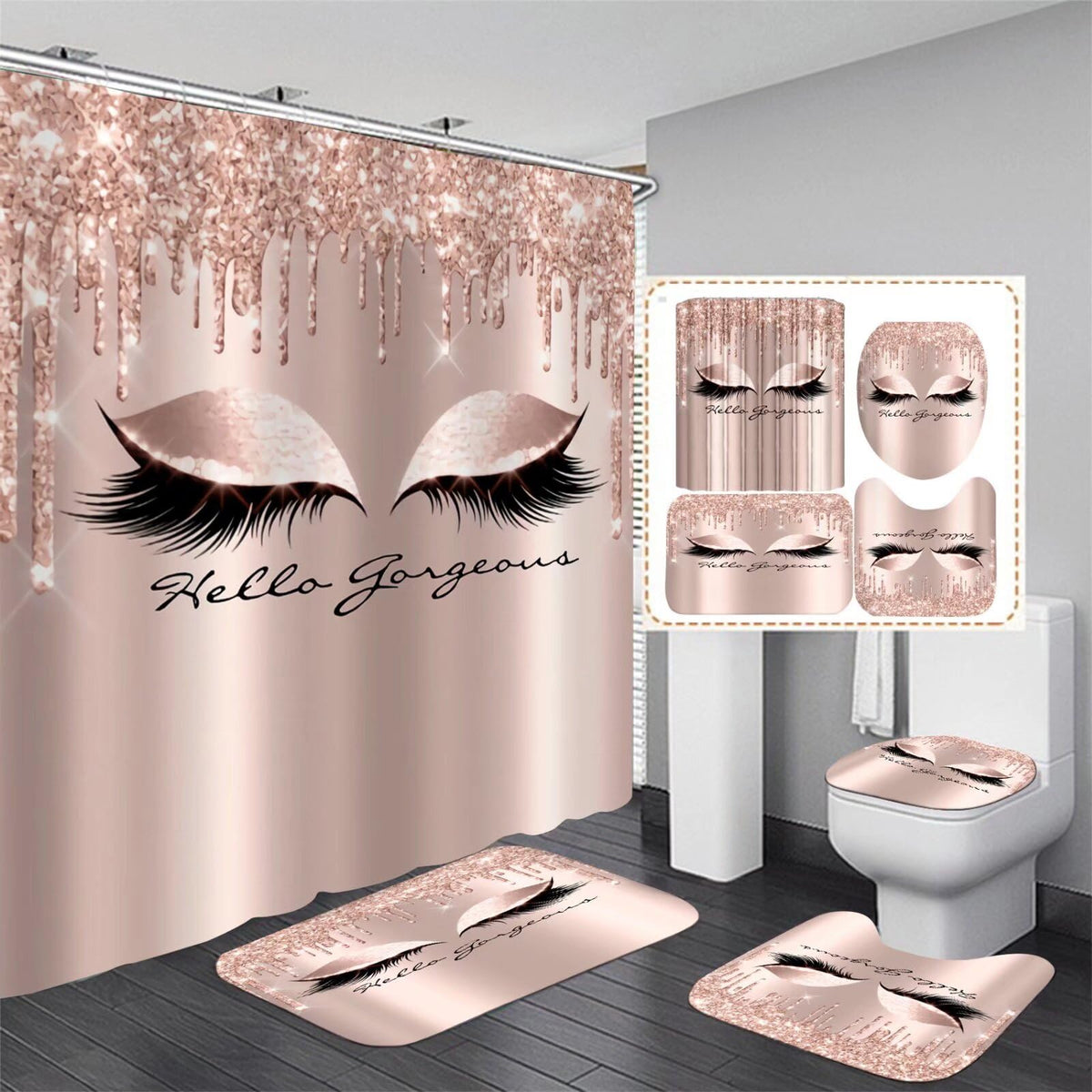 AZHM 4PCS Pretty Eyelash Shower Curtain Sets with Rugs and Accessories