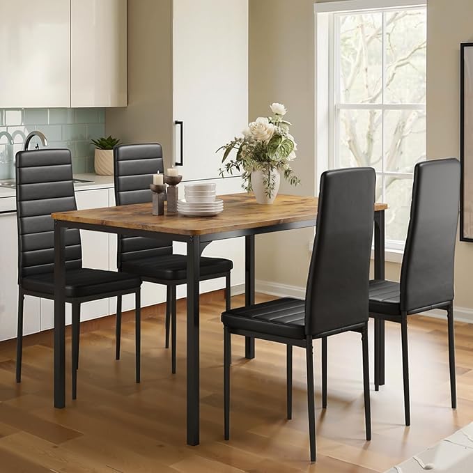 Gizoon Dining Table Set for 4, 5 Piece Kitchen Table Set with 4 Upholstered PU Leather Chairs for Dining Room, Living Room, Apartment, Small Space, Retro