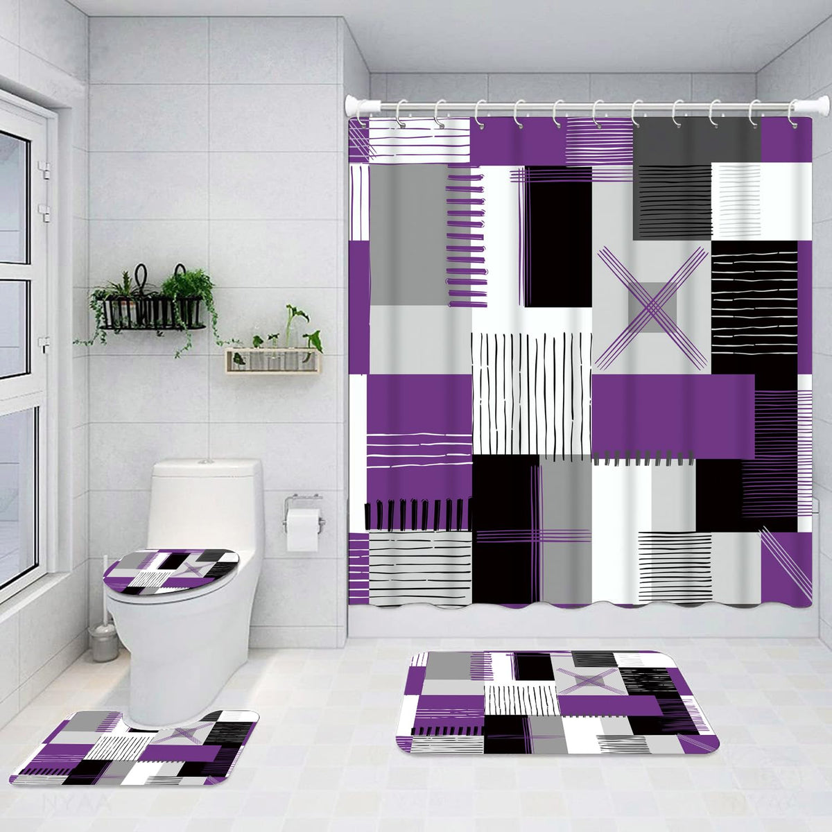 All Smiles Lavender Purple Shower Curtain Set 4Pcs with Bathroom Rugs