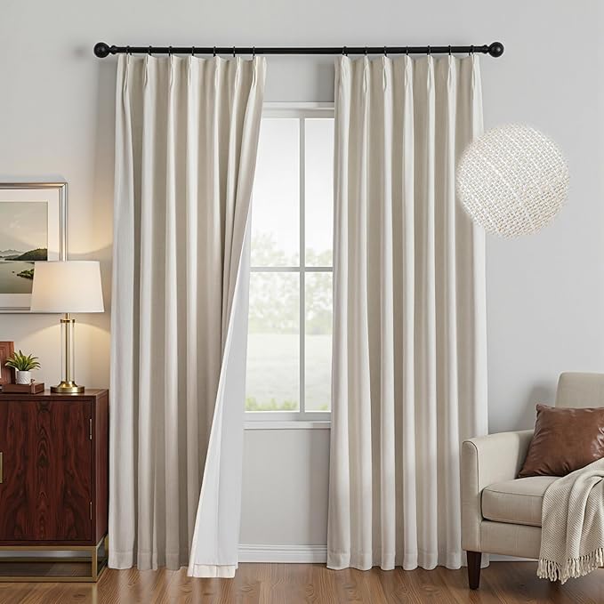 MYSKY HOME Beige Blackout Curtains 84 inches Long Natural Pinch Pleated Curtains for Living Room Bedroom 100% Room Darkening Black Out Window Drapes with Hooks Back Tab, 40" Wide per Panel, 2 Pieces