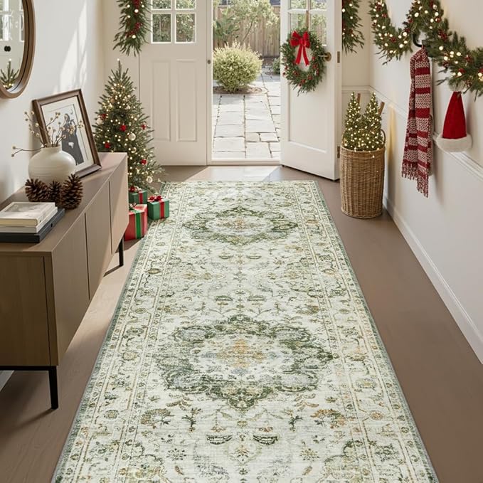 PADOOR-Vintage Runner Rug 2X10 Runners for Hallways-Soft Green Washable Bedside Rugs for Bedroom-Non Slip Long Rug for Hallways Entryway Laundry Room Stair Kitchen Bathroom