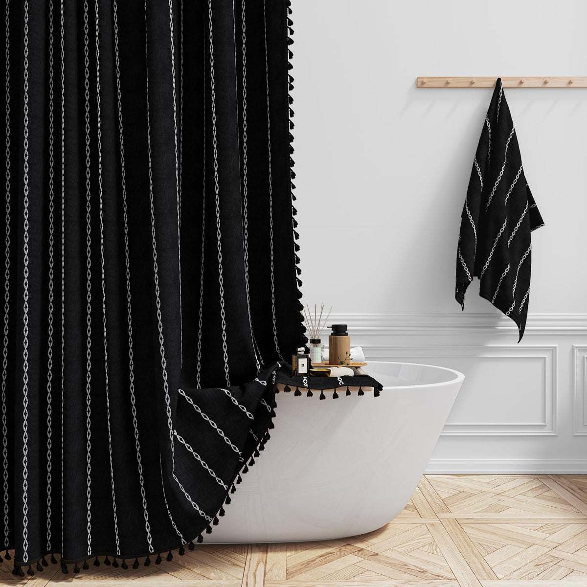 BTTN 60 x 84 Boho Linen Heavy Duty Cloth Shower Curtain Set, Black White