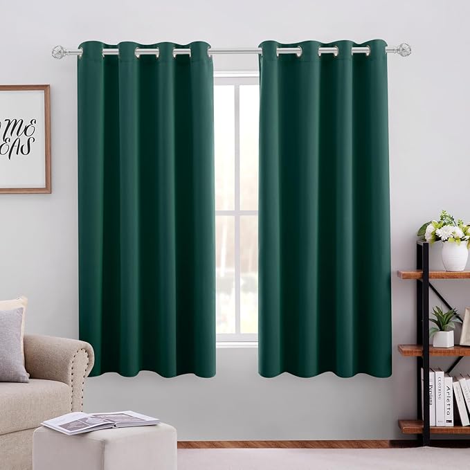 HOMEIDEAS Dark Green Blackout Curtains for Bedroom 52 X 63 Inch Length 2 Panels Set Room Darkening Bedroom Curtains, Soundproof Thermal Grommet Window Curtains for Living Room