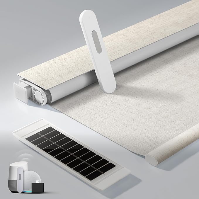 No Drill Motorized Blinds with Remote, Blackout Automatic Blinds with Solar Panel, Cordless Smart Electric Roller Shades for Windows, Beige, 33 x 72