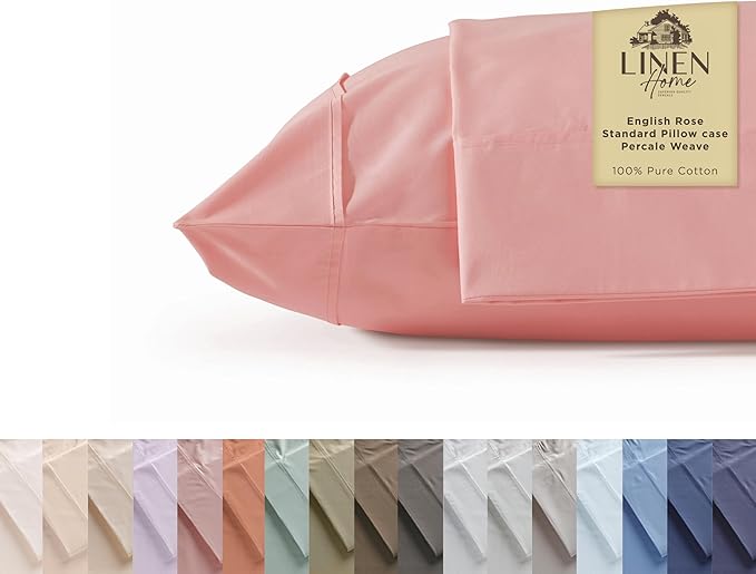 Linen Home 100% Cotton Percale Pillowcases Queen/Standard Size, English Rose, 2 Pieces of Pillow Case, Crisp and Cool Strong Bed Linen, 20 inches X 30 inches