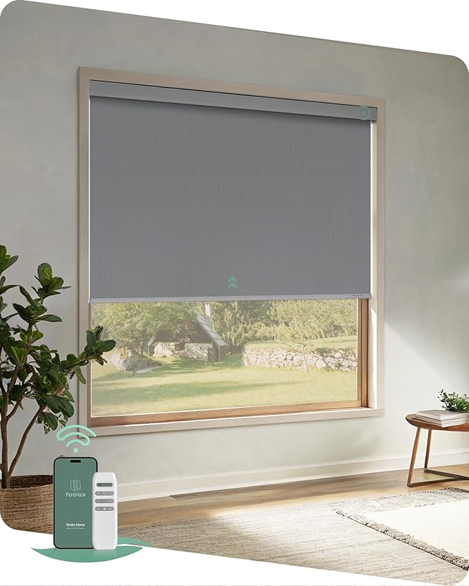 Yoolax Motorized Blinds with Remote, Blackout Remote Shades for Windows, Automatic Roller Shades Cordless Electric Blinds for Bedroom Living Room Office, Custom Size (Vinyl Light Gray)
