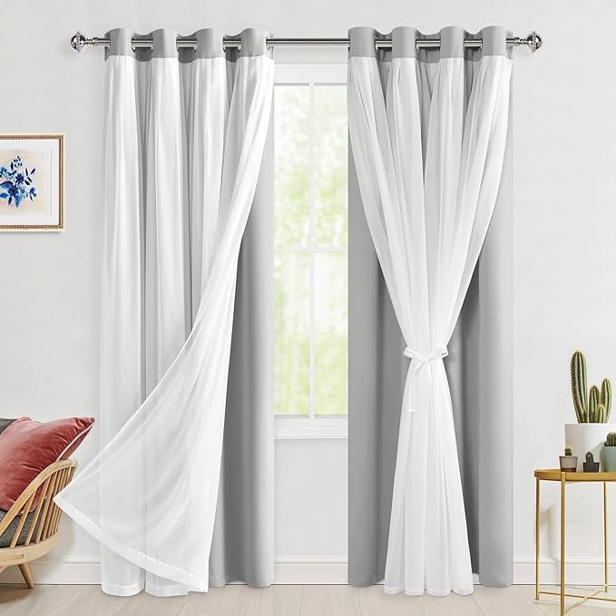 Hiasan Blackout Curtains with Sheer 84 Inches Long, Grommet Thermal Insulated Mix & Match Double Layer Window Curtains for Bedroom, Living Room, 2 Drape Panels with Tiebacks, Silver Grey, 52W X 84L