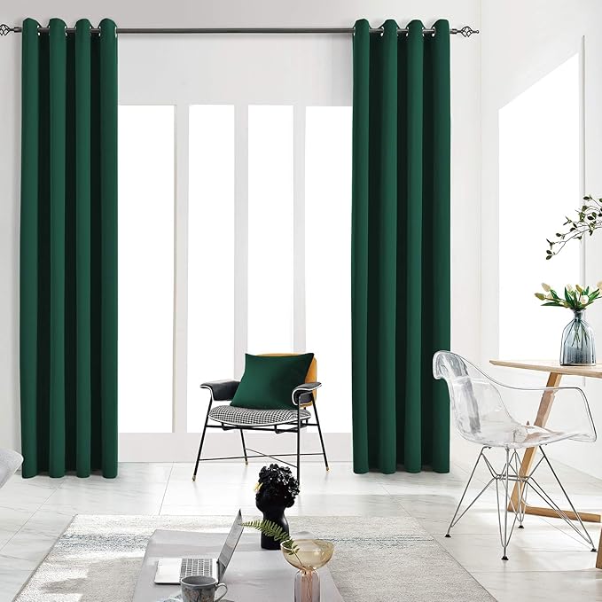 Blackout Curtains for Bedroom Thermal Insulated Light Blocking Room Darkening Curtains Solid Grommet Window Drapes for Living Room, Set of 2 Curtain Panels 62 W x 106 L inch Long Hunter Green