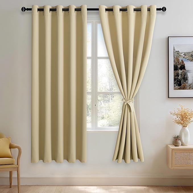 JIUZHEN Light Beige Blackout Curtains with Tiebacks - Thermal Insulated, Light Blocking and Noise Reducing Grommet Curtains for Bedroom and Living Room, 2 Window Curtain Panels, 60 x 72 Inch Length
