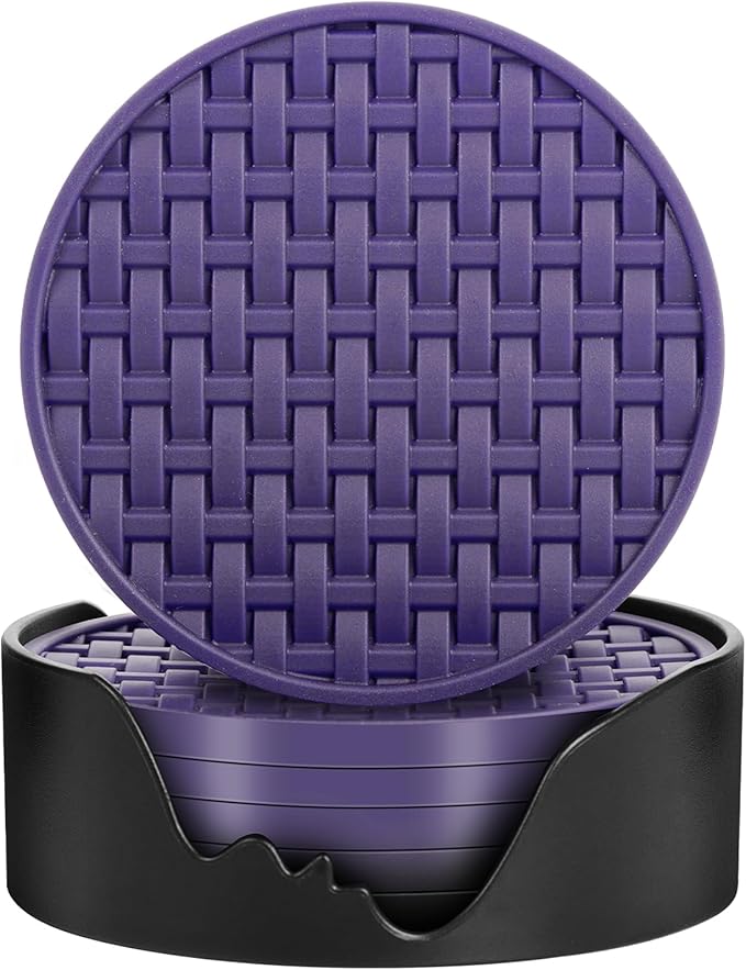 Purple Silicone Coasters with Holder, 4 Inches Non-Slip Decorative Cup Mats for Drinks, Heat Resistant & Waterproof Round Coaster Set of 6 for Home, Office, Kitchen, Bar Table