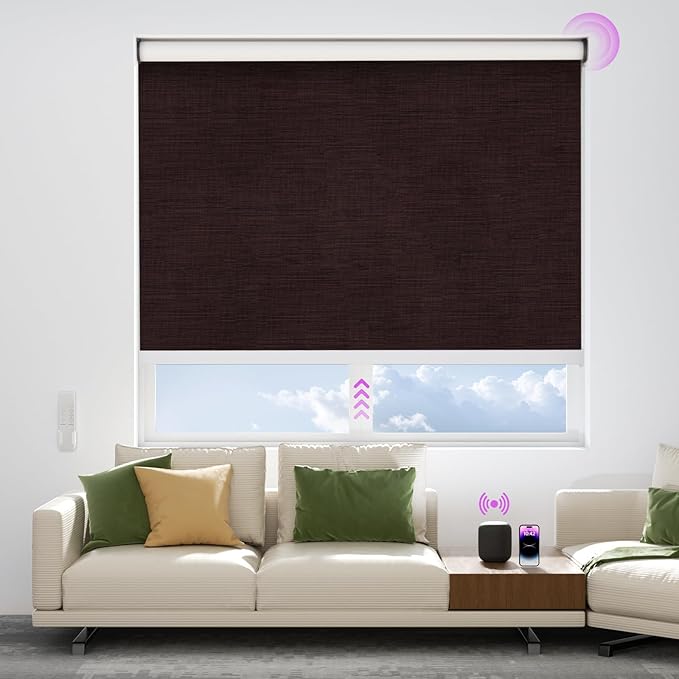 Astomi Motorized Blinds with Remote - Blackout Smart Roller Shades Compatible with Alexa & Goggle Home, Solar Rechargeable, Custom Size 22" - 100" for Indoor Window, Brown