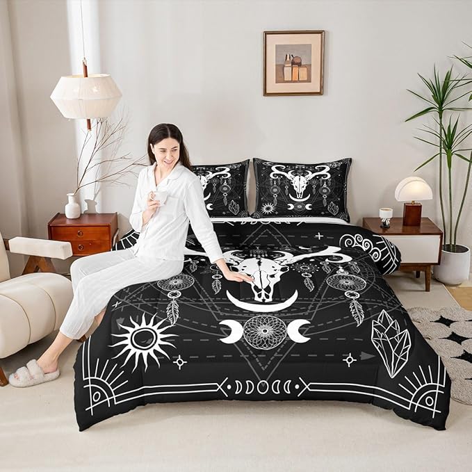Bull Cow Skull Kids Comforter Set Full Size,Sun Moon Starry Sky Galaxy Trippy Bedding Set,Boys Girls Adults Room Decor,Dreamcatcher Bohemia Down Comforter,Black White Duvet Insert,2 Pillowcases