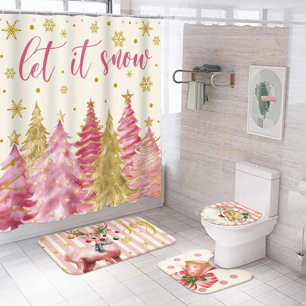 4 Pcs Pink Christmas Tree Shower Curtain Set 72" Christmas Bathroom Decor Set with 12 Hooks Non Slip Rug Toilet Lid Cover and Bath Waterproof Mat Holiday Pastel Restroom Accessories Home Winter Decor