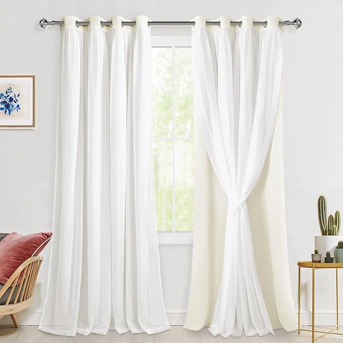 Hiasan Mix & Match Ivory Blackout Curtains with Sheer, Thermal Insulated Privacy Double Layer Grommet Window Curtains for Bedroom, Living Room, Nursery, 2 Drape Panels with Tiebacks, 52W X 96L