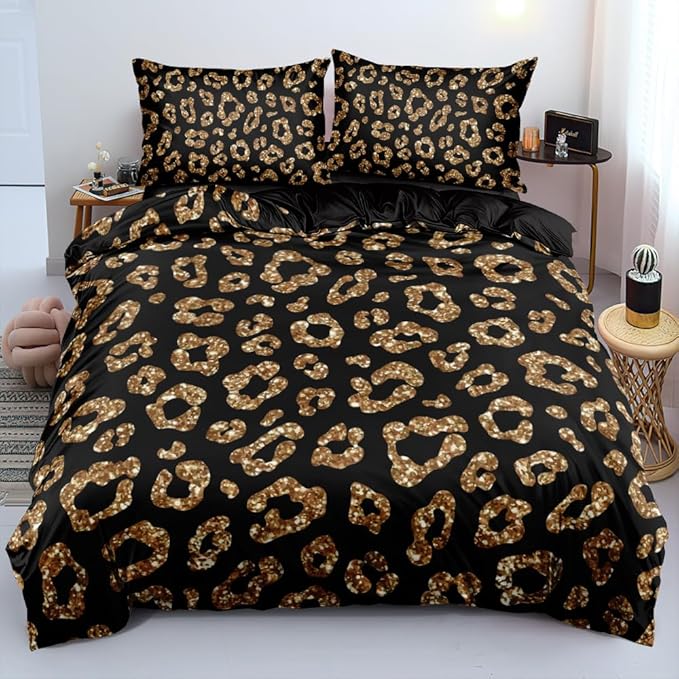 King Size Cheetah Print Duvet Cover Set Leopard Print Comforter Covers Brown Lip Bed Set Animal Print Bedroom Decor for Kids Teens Boys and Girls
