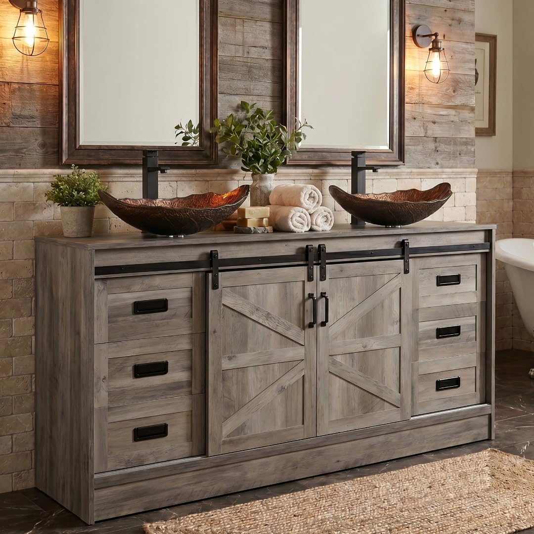 SOLIDEE 60" Barn Door Bathroom Vanity with 6 Drawers and Two Doors, Farmhouse Style Standing Pedestal Cabinet with Two Brown Leaf Vessel Sinks