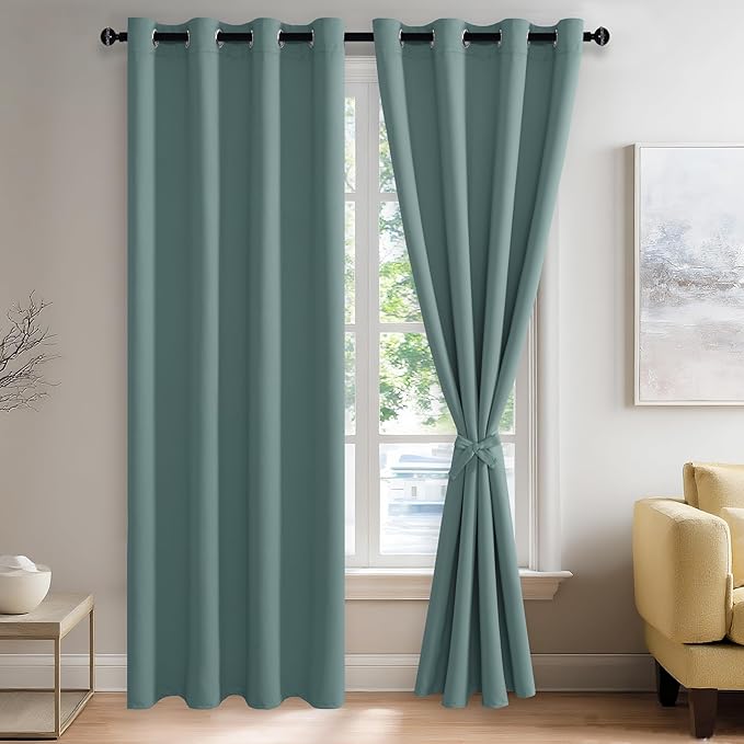JIUZHEN Stone Blue Blackout Curtains with Tiebacks Thermal Insulated, Light Blocking and Noise Reducing Grommet Curtains for and Living Room, Set of 2 Window Curtain Panels, 52 x 84 Inch Length