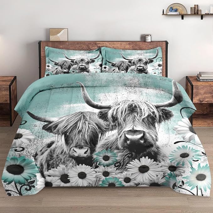 Comforter Set Twin Size with Pillowcase, Highland Cow Animal 2 Pcs Bedding for Kids and Adults, Farm Daisy Soft Comforter Set for Bedroom Bed Decor