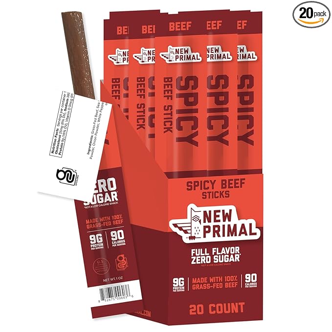 The New Primal Grass-Fed Spicy Beef Sticks, Keto, Gluten Free Healthy Snacks for Adults, Sugar Free Low Carb High Protein Snack, Paleo Whole30 Jerky Stick, 9g Protein, 20 Ct