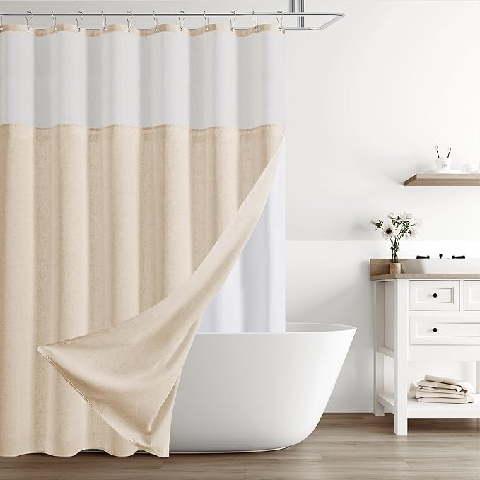 Naturoom Natural Linen Shower Curtain with Snap in Liner Set Rustic Farmhouse Shower Curtains for Bathroom 200GSM Textured Cream Burlap Cloth Double Bath Curtains with See Through Top Window 72x72