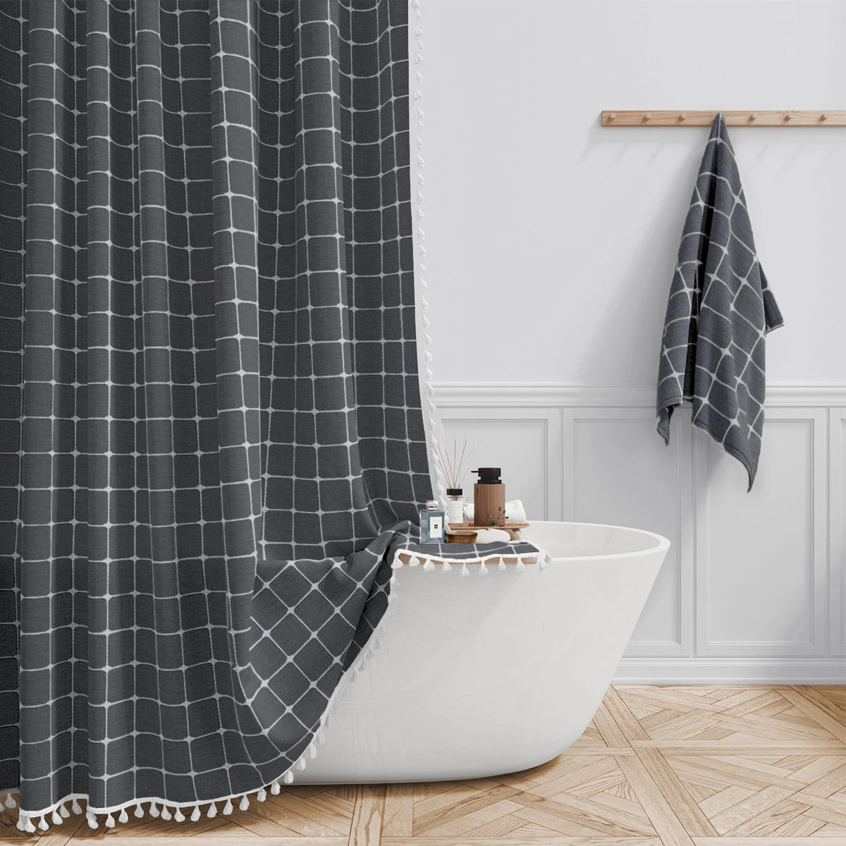 BTTN 54x78 Boho Linen Heavy Duty Fabric Shower Curtain Set, Charcoal Gray