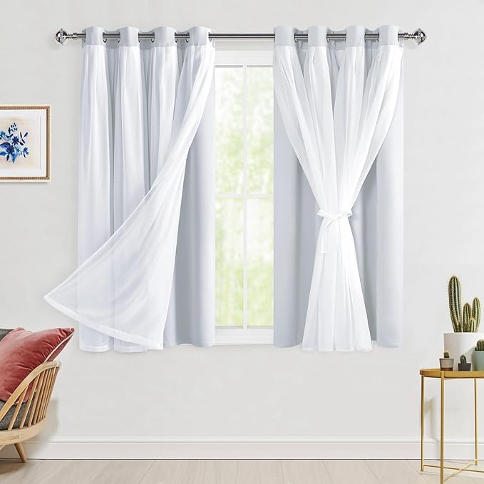 Hiasan Greyish White Blackout Curtains with Sheer Overlay, Grommet Thermal Insulated Mix & Match Double Layer Window Curtains for Girls Bedroom, Living Room, 2 Panels Sewn with Tiebacks, 52W X 54L